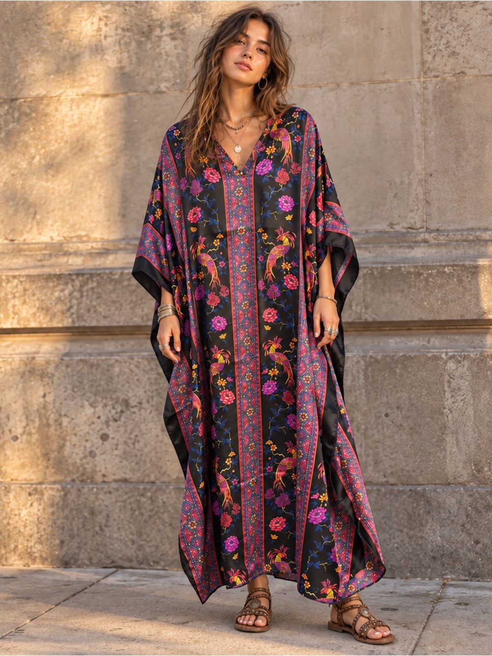 NWT Deadstock Winlar Peacock Print Caftan One Size Boho Resort Maxi